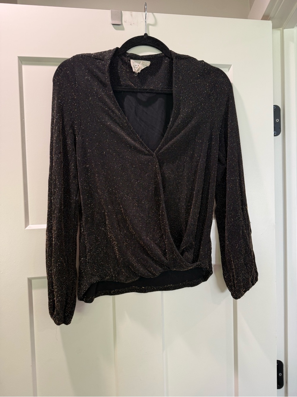Metallic Black Surplice Wrap Blouse with Subtle Sparkle